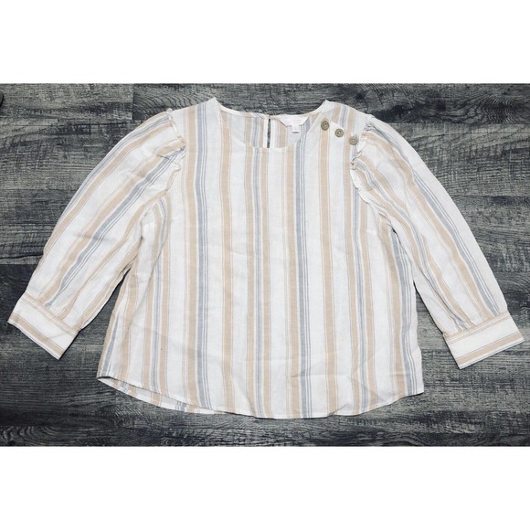 LC Lauren Conrad Sz L Linen Blend Blouse Blue & Tan Stripes Cover Up Top Tee B1 - Picture 6 of 6